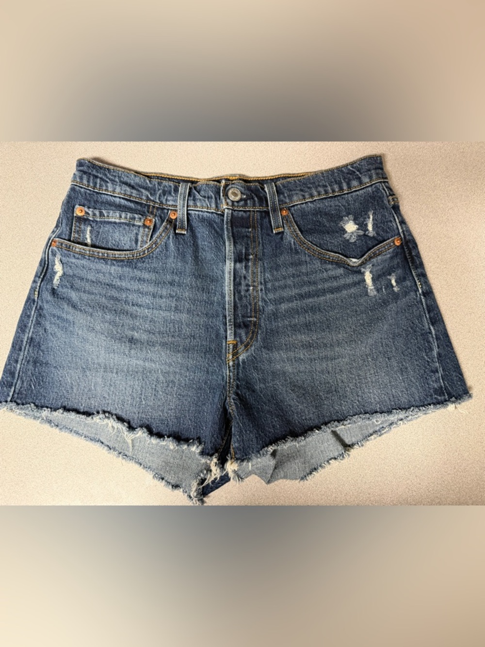 Levi's Dark Blue Distressed High-Rise Denim Shorts